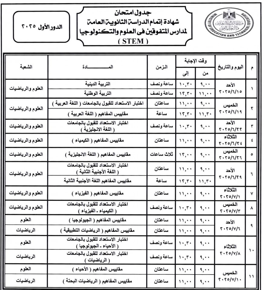 جدول امتحانات الشهاده الثانويه العامه 2025