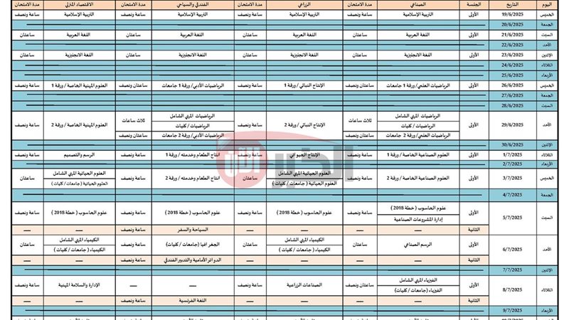 جدول امتحانات الثانويه